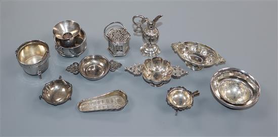 A Dutch miniature white metal ewer, a lantern and eleven other miniature novelties,